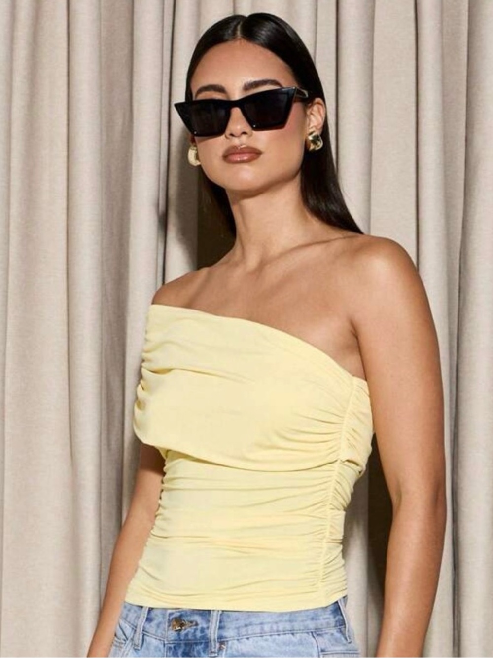 Strapless Ruched Yellow Women's One Shoulder Top
